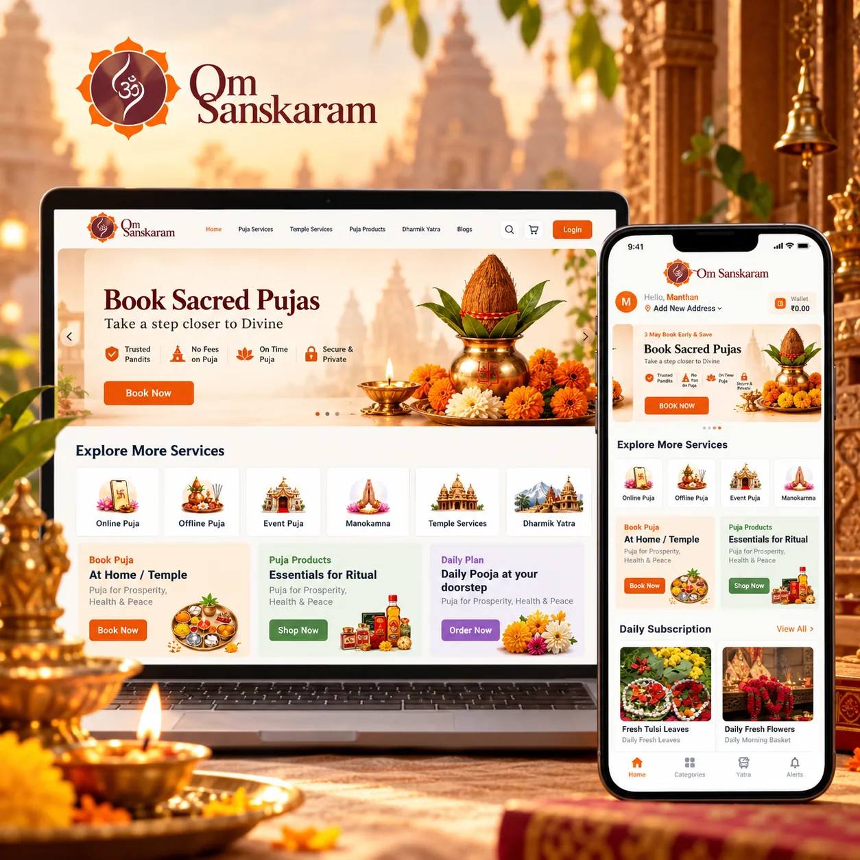 Om Sanskaram website on a laptop and the mobile app on a phone, showing puja booking and daily subscription services.