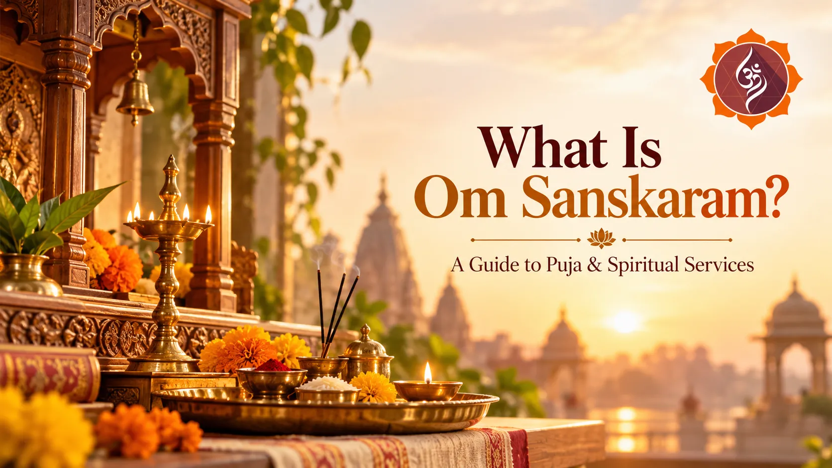 A brass puja thali with diyas, marigolds and incense, with the title What Is Om Sanskaram? A Guide to Puja and Spiritual Services.
